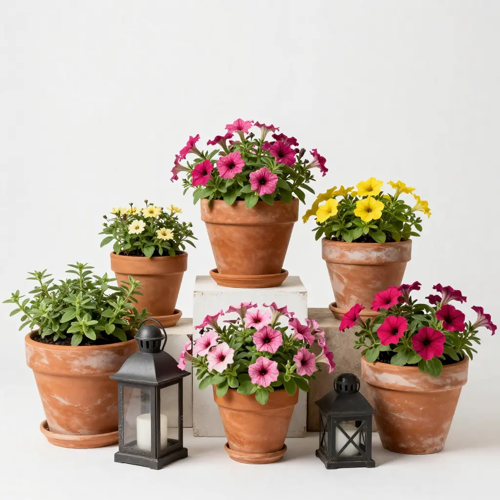 Beautiful garden décor arrangement with planters and lanterns