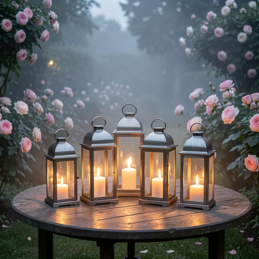 Elegant patio lanterns illuminating an evening garden setting