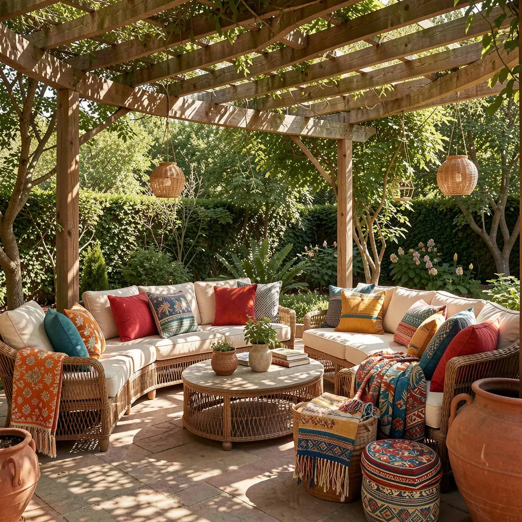Beautifully styled outdoor seating with colorful cushions and textiles